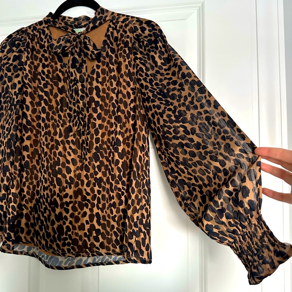 JADE Leopard Print Blouse with Tie Front and Smocked Wrists